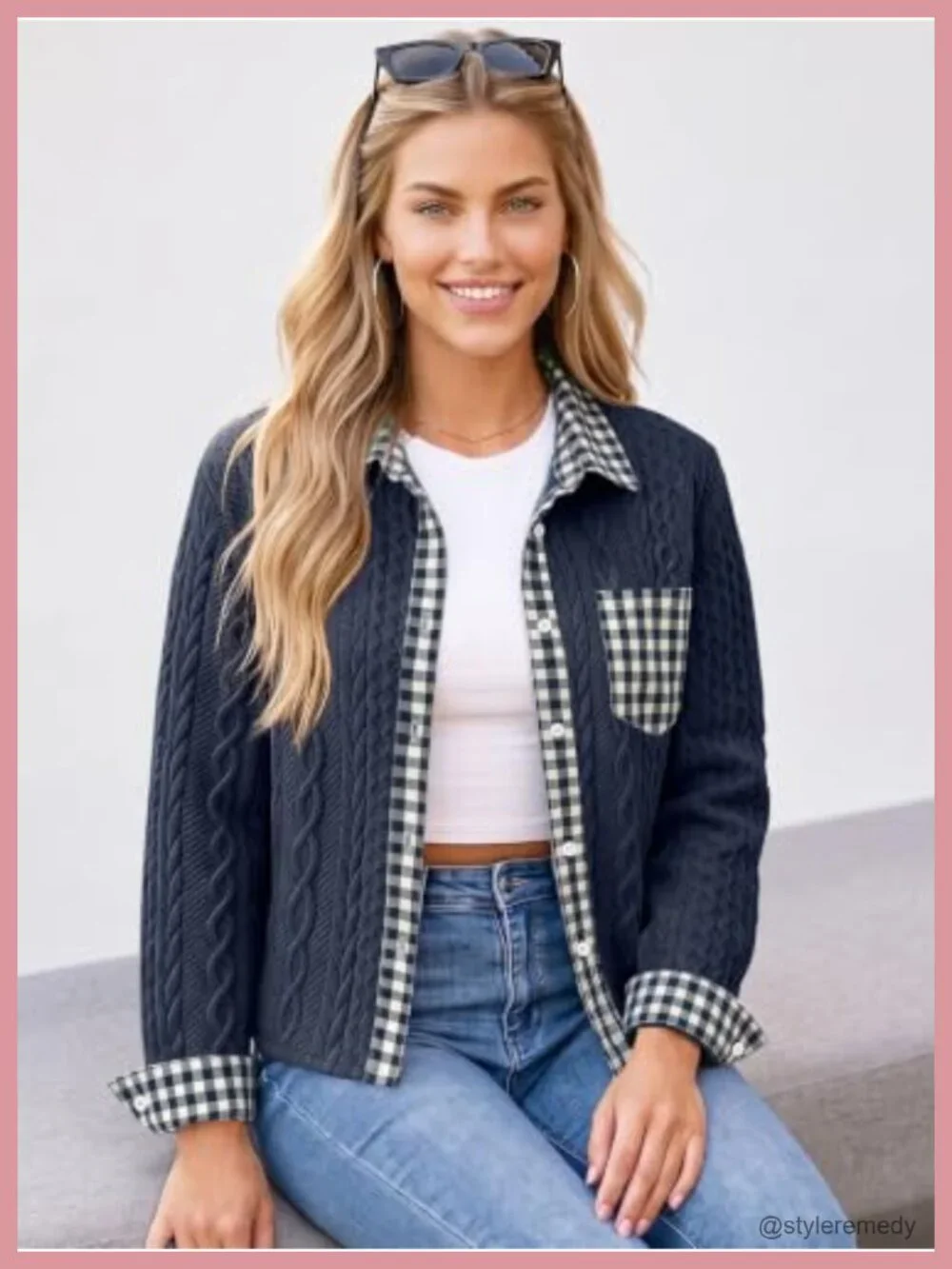 Cropped Jean Denim Collared Bomber Jacket Sweatshirt Cable Knit Shacket